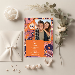 Reserve A Data Casamento retrô laranja rosa roxo groovy