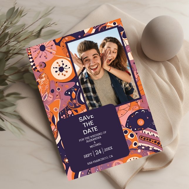 Reserve A Data Casamento retrô laranja rosa roxo groovy (Criador carregado)