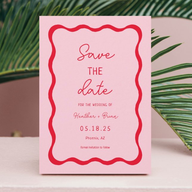 Reserve A Data Casamento Retro Rosa e Red Squiggle Salva a Data (Criador carregado)