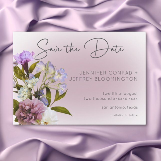 Reserve A Data Casamento Romântico Branco e Floral Moderno Roxo (Romantic White & Purple Floral Modern Wedding Save The Date)