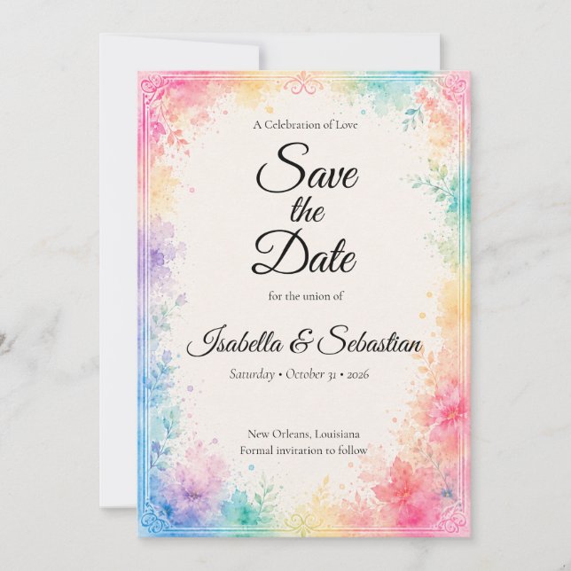 Reserve A Data Casamento Romântico com Aquarela Pastel Caprichosa (Frente)