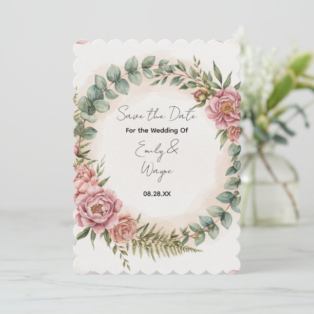 Reserve A Data Casamento Romântico com Flores Rosa e Vegetação (Em pé/Frente)
