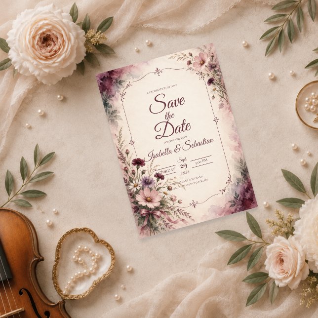 Reserve A Data Casamento Romântico com Flores Silvestres Roxas (Criador carregado)