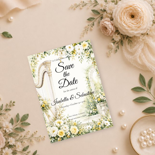 Reserve A Data Casamento Romântico com Harpa de Jardim Elegante (Criador carregado)