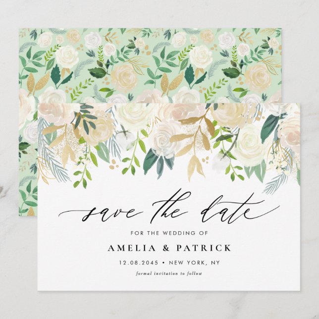 Reserve A Data Casamento Romântico das Flores de Marfim Suave (Frente/Verso)