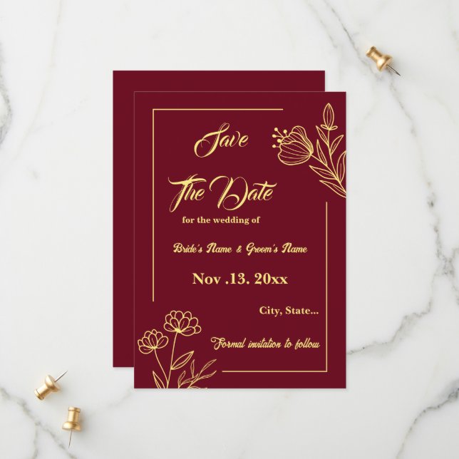 Reserve A Data Casamento romântico de burgundy com flor de ouro e (Frente/Verso In Situ)