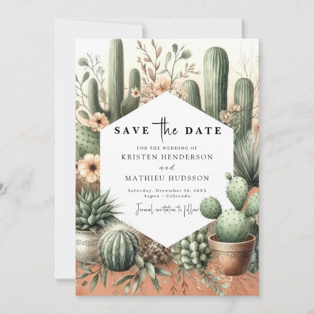 Reserve A Data Casamento Romântico de Cactus Ocidental (Frente)