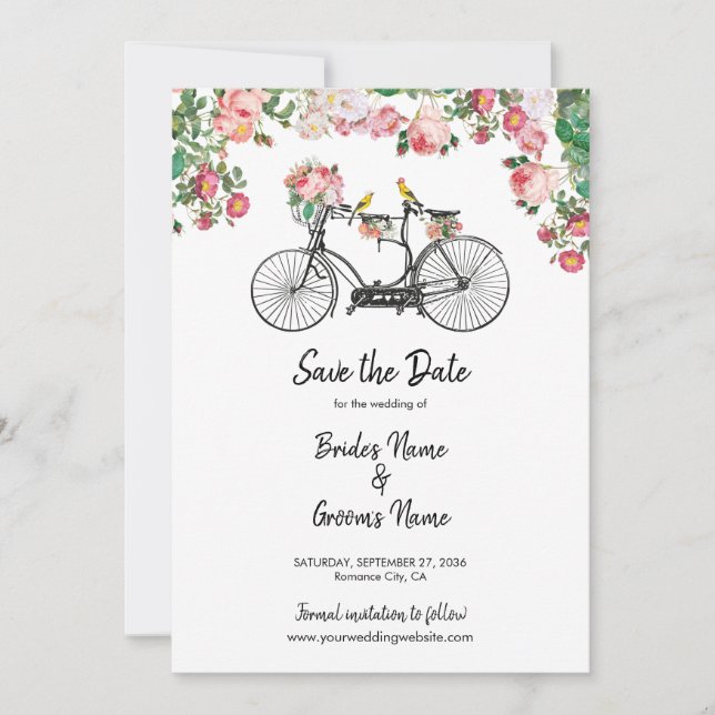 Reserve A Data Casamento Romântico de Flores de Bicicletas e Aves (Frente)
