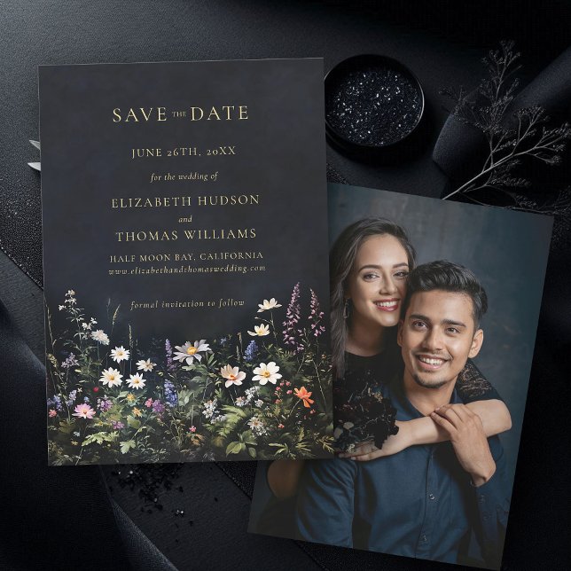 Reserve A Data Casamento Romântico de Flores Selvagens Moody Dark (wedding save the date moody dark romantic gothic floral black wildflowers photo announcement)