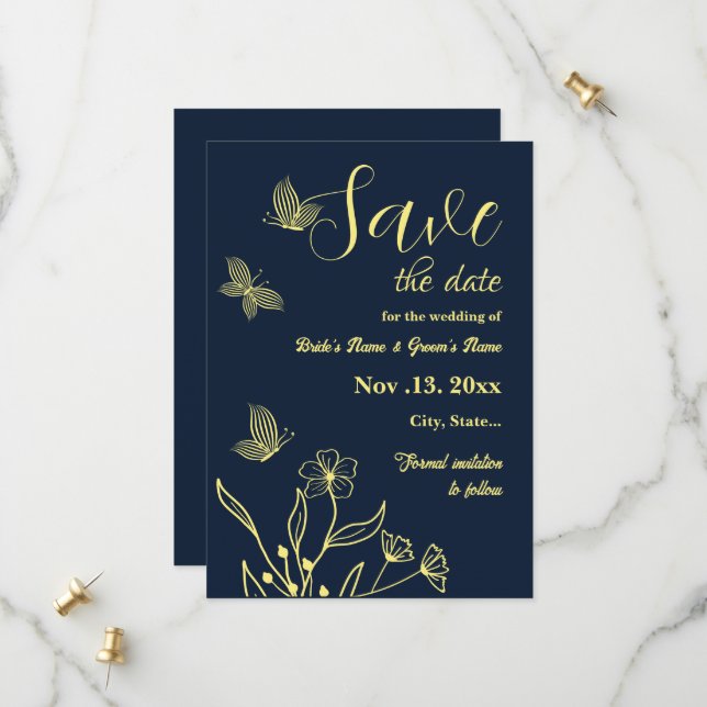 Reserve A Data Casamento romântico de marinho de flor de ouro ele (Frente/Verso In Situ)