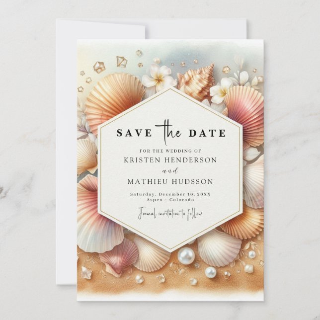Reserve A Data Casamento Romântico de Praia Elegante (Frente)
