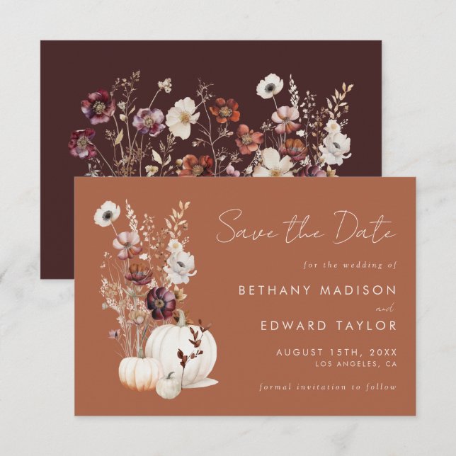 Reserve A Data Casamento Romântico de Queda de Terracotta Wildflo (Frente/Verso)