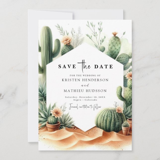 Reserve A Data Casamento romântico minimalista de cactus (Frente)