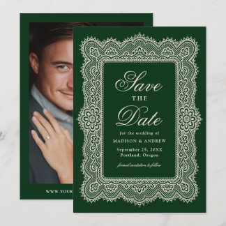 Reserve A Data Casamento Romântico Vintage com Renda Verde