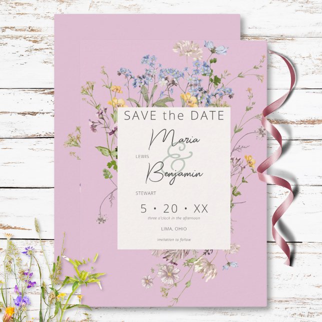 Reserve A Data Casamento Rosa Delicado Boho Selvagens (Delicate Boho Wildflowers Pink Wedding Save The Date)