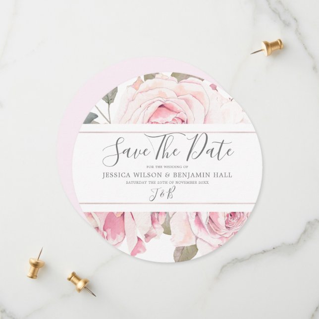 Reserve A Data Casamento Rosa Floral Aquarela Bege  (Frente/Verso In Situ)