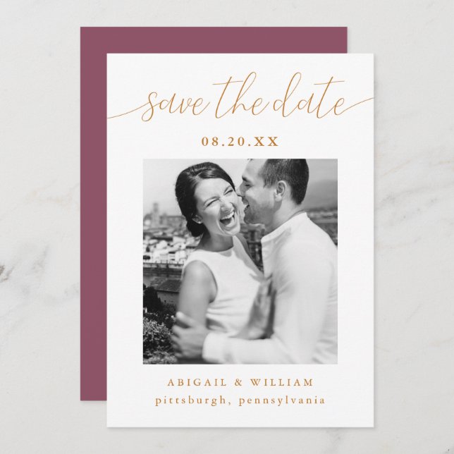 Reserve A Data Casamento Rosa Fotográfico de Caligrafia Moderna (Frente/Verso)