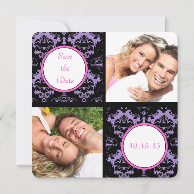 Reserve A Data Casamento rosa Lilac Black Damask Salve a Data (Frente)