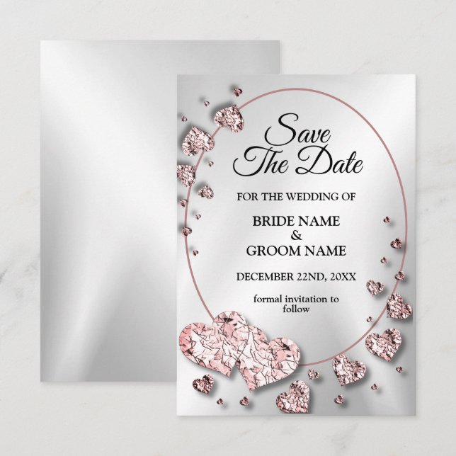 Reserve A Data Casamento Rosa Pêssego Corações Geométricos Brilha (Frente/Verso)