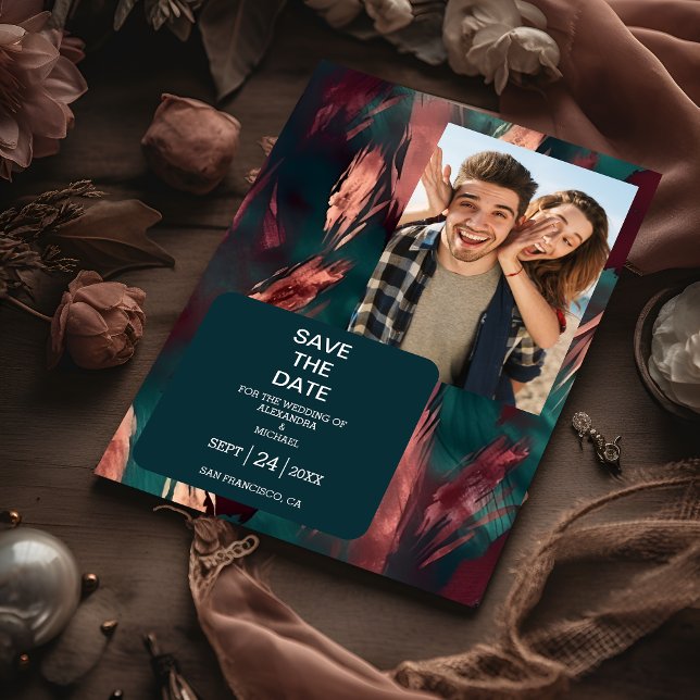 Reserve A Data casamento rosa poeirento e verde-escuro abstrato d (Criador carregado)
