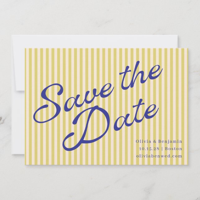 Reserve A Data Casamento Rosto Amarelo Azul Listra Retro Script (Frente)