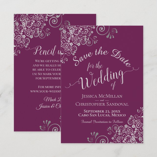 Reserve A Data Casamento Roxo Da Cinza De Prata Elegante (Frente/Verso)