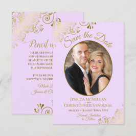 Reserve A Data Casamento Roxo Lilac, Foto Oval Dourada Elegante