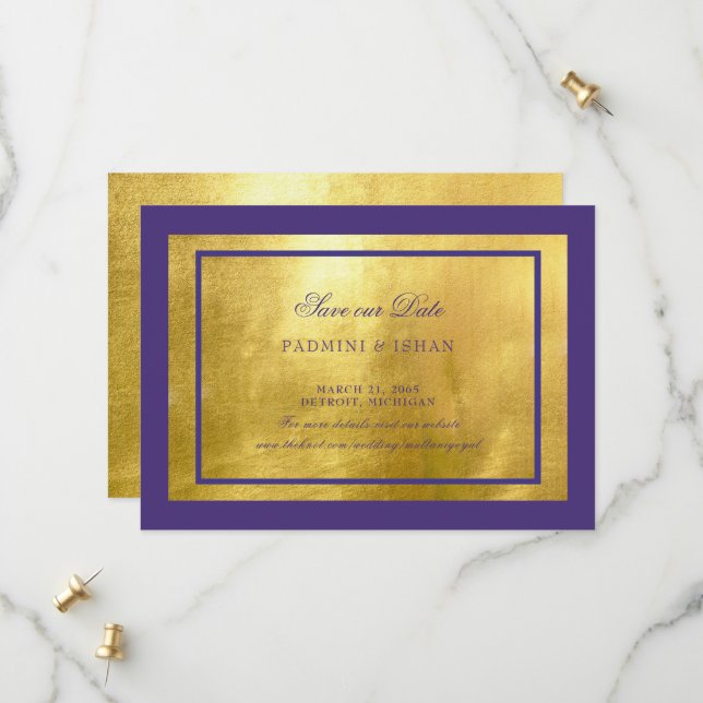 Reserve A Data Casamento Roxo Real e Dourado Salve a Data (Frente/Verso In Situ)