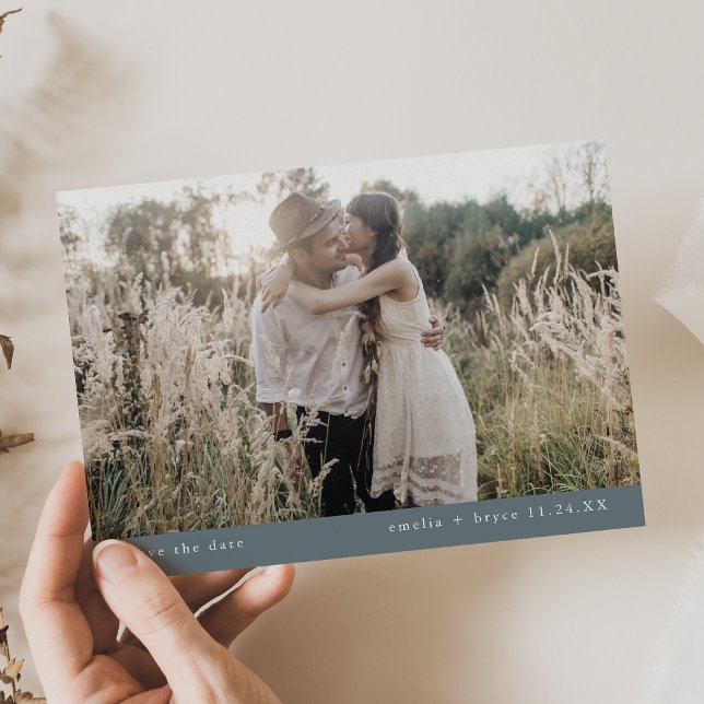 Reserve A Data Casamento Russo Azul Mínimo com Foto EMELIA (EMELIA Photo Minimal Dusty Blue Rustic Wedding Save The Date)