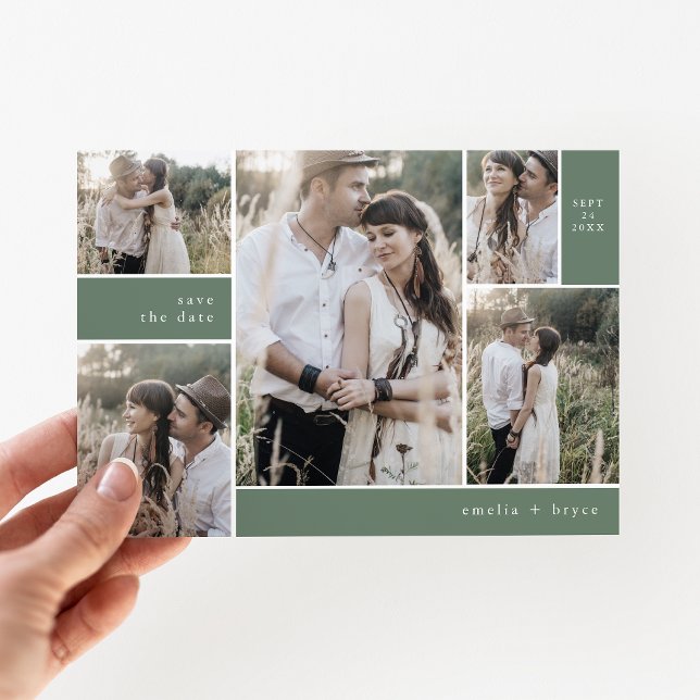 Reserve A Data Casamento Russo de Boho Sage, Simples Foto EMELIA (EMELIA Multi Photo Simple Boho Sage Rustic Wedding Save The Date)