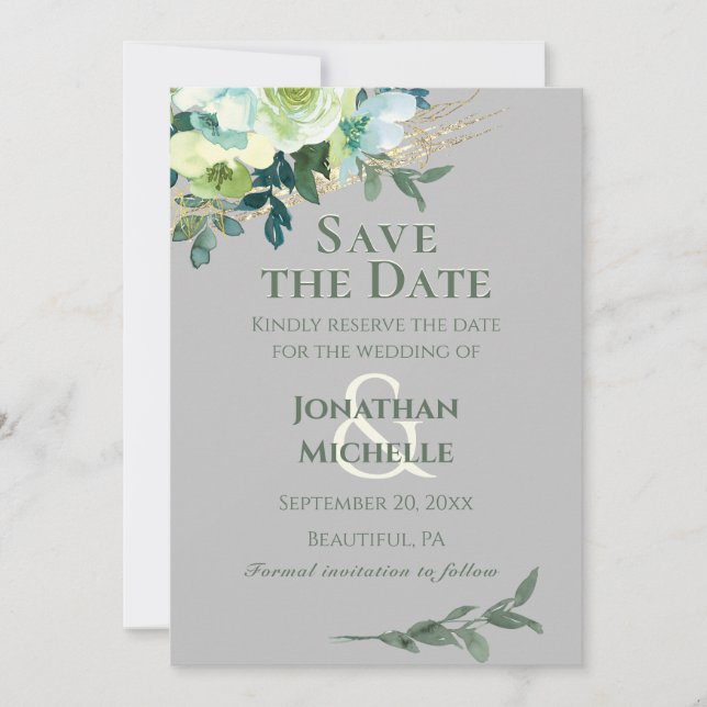 Reserve A Data Casamento Russo de Turquesa Cinza Azul Floral (Frente)