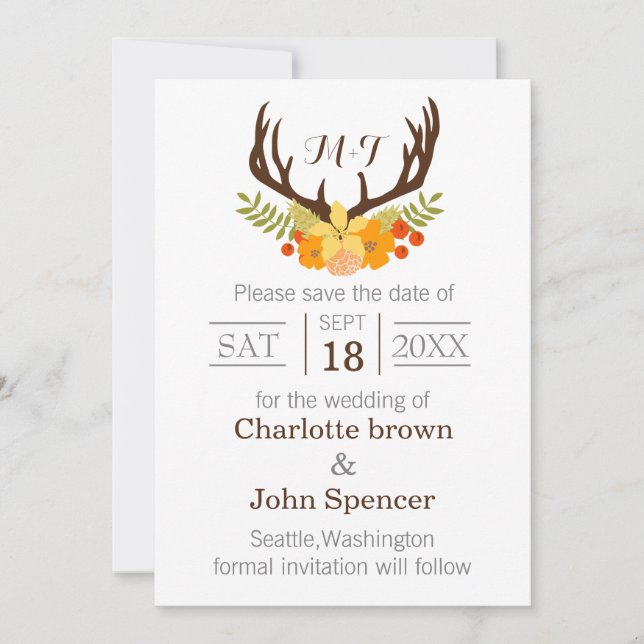 Reserve A Data Casamento Rustic Antler Deer Floral Woodland (Frente)