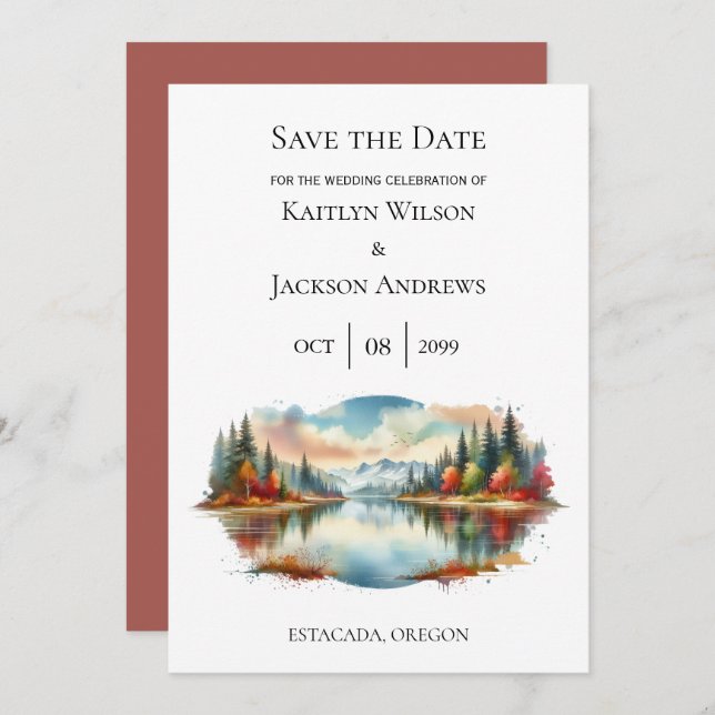 Reserve A Data Casamento Rustic Autumn Lakeside Forest (Frente/Verso)