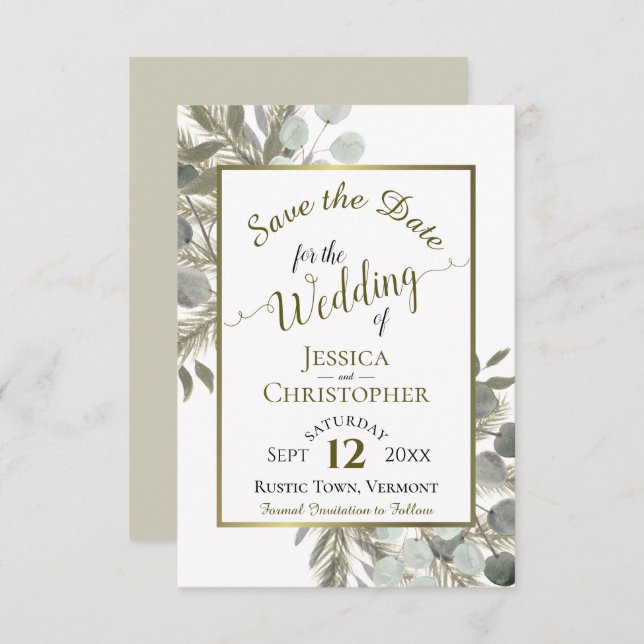 Reserve A Data Casamento Rustic Boho Watercolor Eucalyptus & Pine (Frente/Verso)