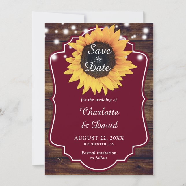 Reserve A Data Casamento Rustic Burgundy Sunflower (Frente)