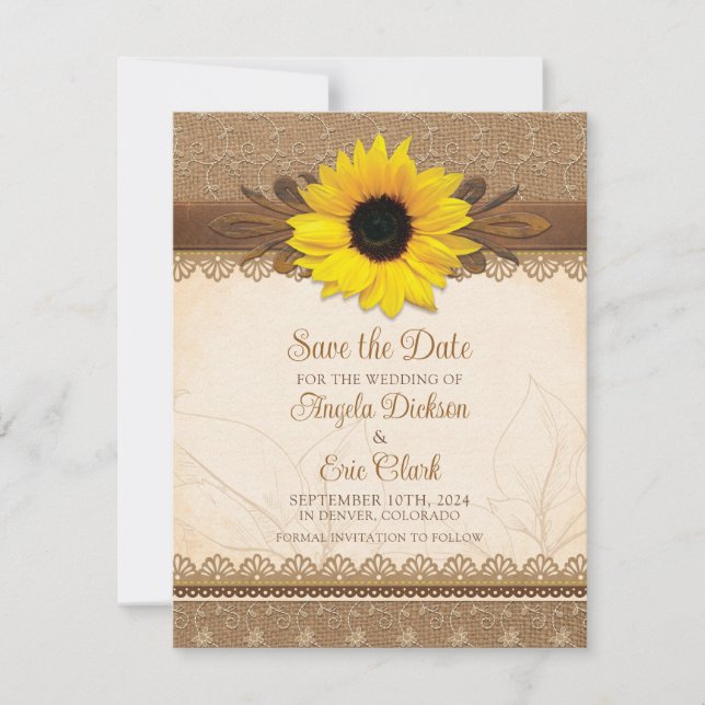 Reserve A Data Casamento Rustic Burlap Lace Wood Sunflower (Frente)