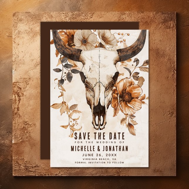 Reserve A Data Casamento Rustic Cow Skull Floral Boho Western (Rustic Cow Skull Floral Boho Western Wedding Save The Date)