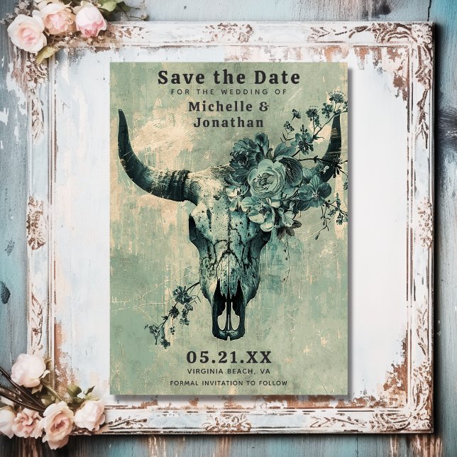 Reserve A Data Casamento Rustic Cow Skull Floral Boho Western (Front - Rustic Cow Skull Floral Boho Western Wedding Save The Date)