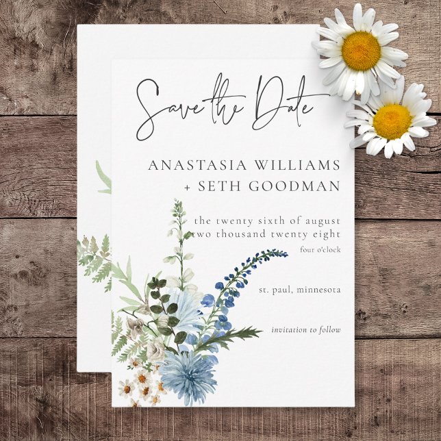Reserve A Data Casamento Rustic Dusty Blue Selvagens & Daisies (Rustic Dusty Blue Wildflowers & Daisies Wedding Save the Date Card)