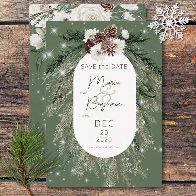 Reserve A Data Casamento Rustic Green Pine Winter Sparkle (Rustic Green Pine Winter Sparkle Wedding Save The Date)
