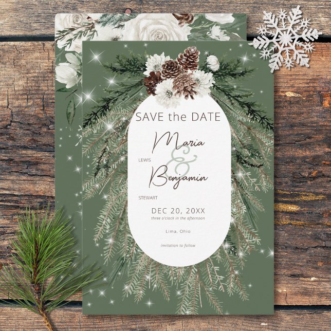 Reserve A Data Casamento Rustic Green Pine Winter Sparkle (Rustic Green Pine Winter Sparkle Wedding Save The Date)