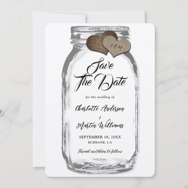 Reserve A Data Casamento Rustic Kraft Mason Jar Burlap Hearts (Frente)