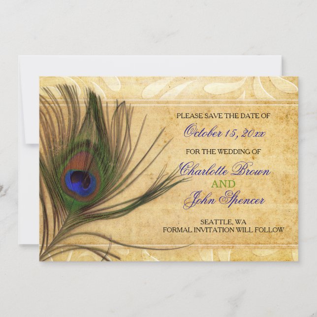 Reserve A Data Casamento Rustic Peacock Feather salvar a data (Frente)