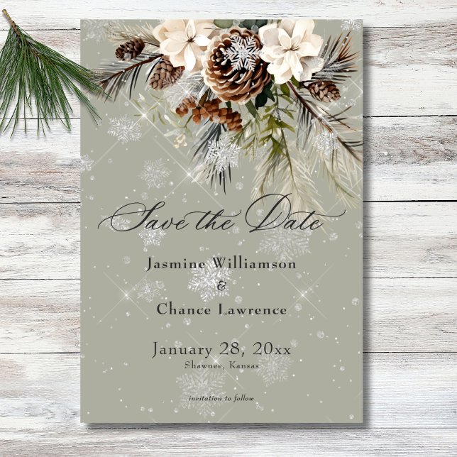 Reserve A Data Casamento Rustic Snowfall Pine & White Floral Sage (Rustic Snowfall Pine & White Floral Sage Wedding Save The Date)