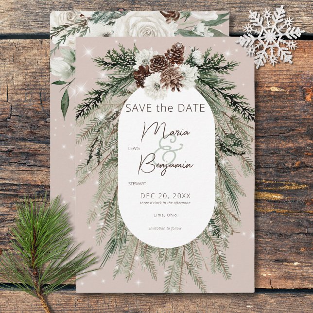 Reserve A Data Casamento Rustic Tan Pine Winter Sparkle (Rustic Tan Pine Winter Sparkle Wedding Save The Date)