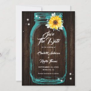 Reserve A Data Casamento Rustic Teal Mason Jar Wood Sunflower