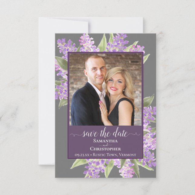 Reserve A Data Casamento Rustic Watercolor Lilacs & Photo Cinza (Frente)