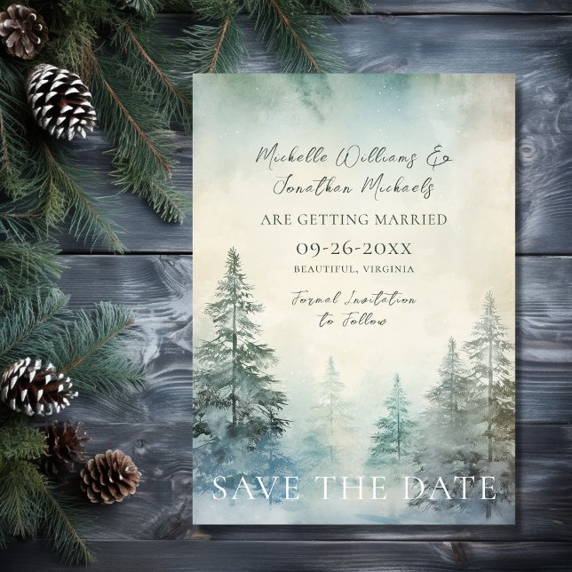 Reserve A Data Casamento Rustic Winter Pine Woodland (Front - Rustic Winter Pine Forest Woodland Wedding Save The Date)
