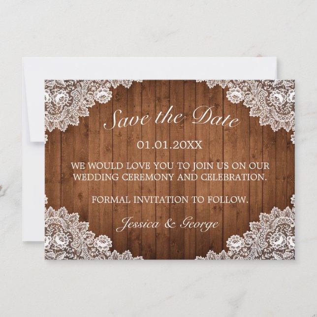Reserve A Data Casamento Rustic Wood & White Lace (Frente)