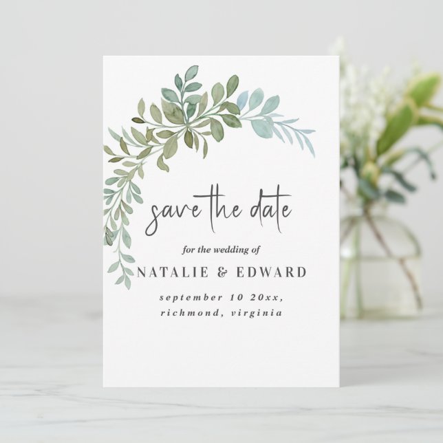 Reserve A Data Casamento Rústico Aquarela com Eucalipto Verde Sua (Em pé/Frente)